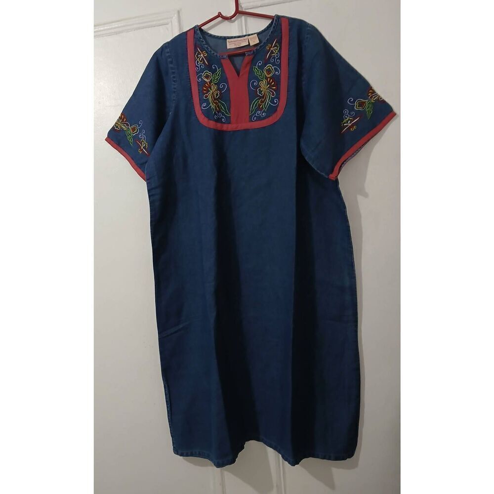 Vintage Vermont country store womens xl maxi denim dress blue red embroidery